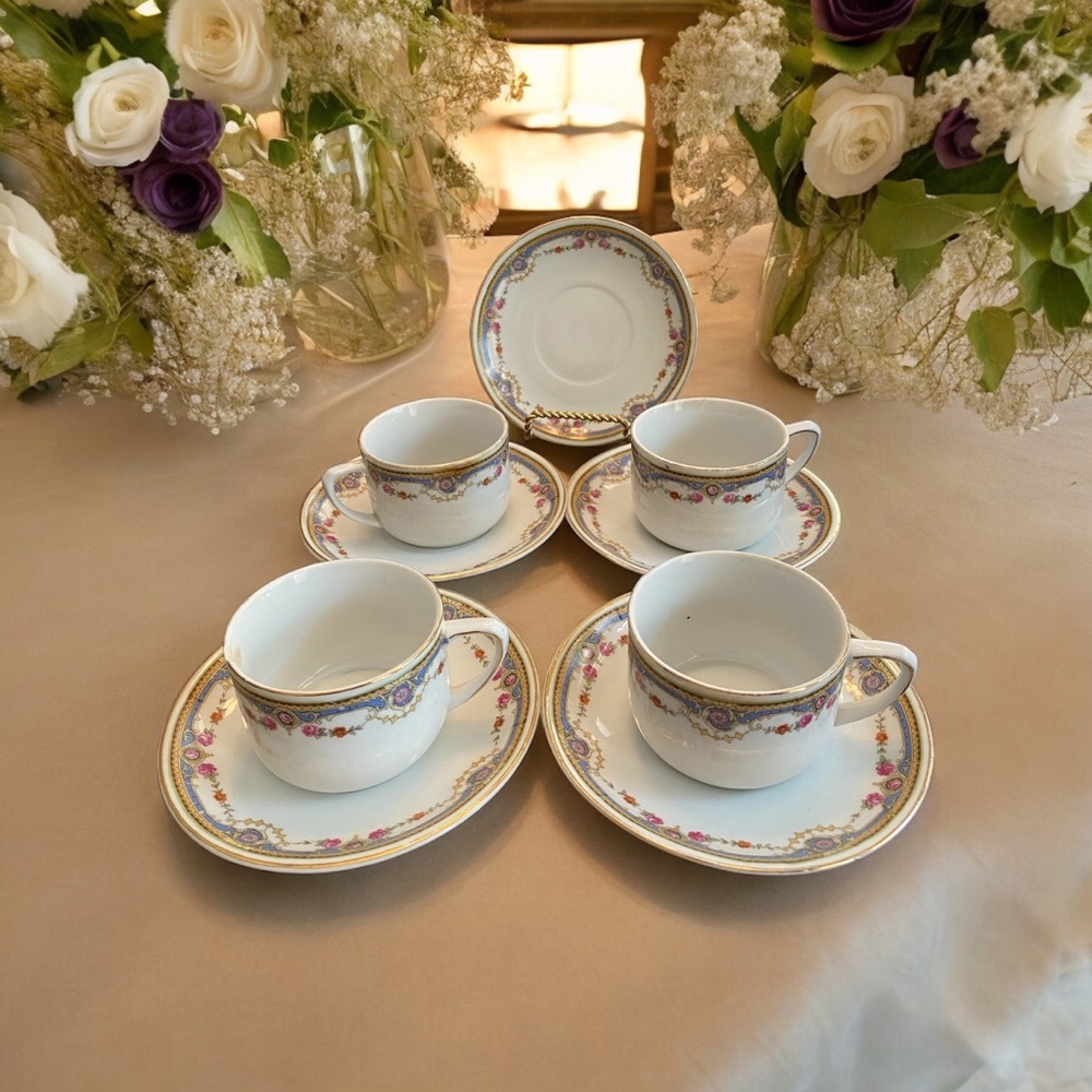 Crown China Germany 7143 Antique Porcelain Teacup Saucer Set Pink Rose 9pc
